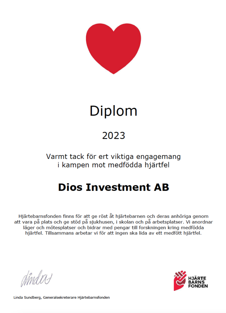 Dios Investment stöttar hjärtebarnsfonden